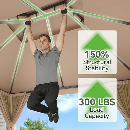 Aoxun 10x12 Outdoor Gazebo with 50FT LED Hanging Lights Metal Frame Canopy with Double Roofs Heavy Duty Party Tent Shelter with Mosquito Netting and Privacy Screen for Backyard, Lawn, Garden(Khaki)