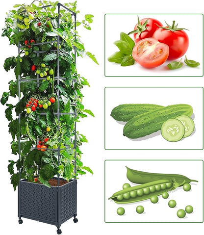 LINEX Raised Garden Bed Planter Box with Trellis, 67.6” Tomato Planters for Climbing Plants Vegetable Vine Flowers Outdoor Patio, Tomatoes Cage w/Self-Watering & Wheels
