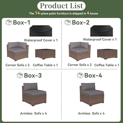 Aoxun 14 Piece Patio Furniture Set Wicker Rattan Patio Conversation Set Outdoor Sectional Sofa Set with Coffee Table and Thickened Cushions, Gray(Waterproof Cover Included)