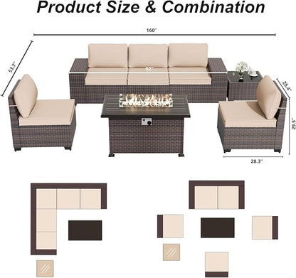 ALAULM 7 Pieces Patio Furniture Set with Fire Pit Table 55000BTU, Oversized Seat/Armrest and High Back Wicker Conversation Set with Thick Cushion for Backyard, Garden, Sand
