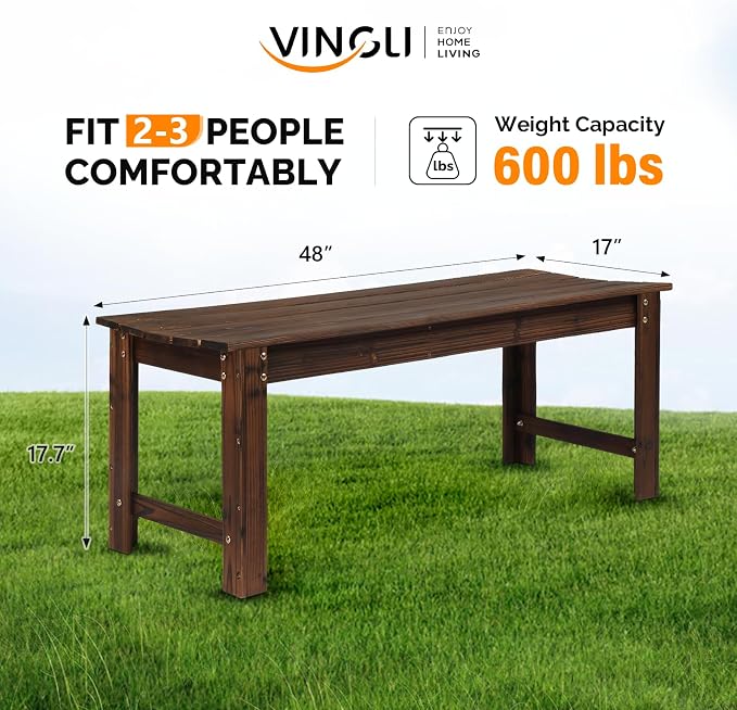 Bench, 48-Inch Solid Fir Wood Backless Patio Bench in Carbonized Finish