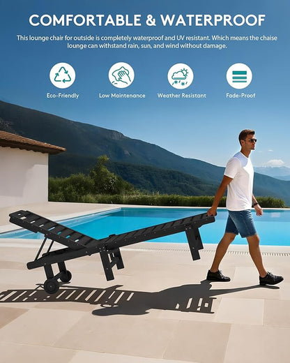 SERWALL Patio Chaise Lounge Chair Set of 4, HDPE Outdoor Lounge Chair with Cup Holder, 5 Positions Adjustable Poly Lounger with Rolling Wheels for Poolside, Deck, Sunbathing, Black