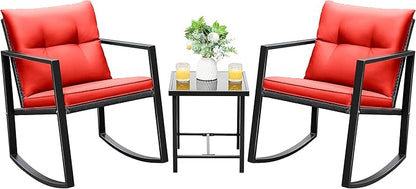 Devoko 3 Piece Rocking Bistro Set Wicker Patio Outdoor Furniture Porch Chairs Conversation Sets with Glass Coffee Table (Red)