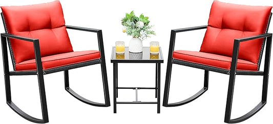 Devoko 3 Piece Rocking Bistro Set Wicker Patio Outdoor Furniture Porch Chairs Conversation Sets with Glass Coffee Table (Red)