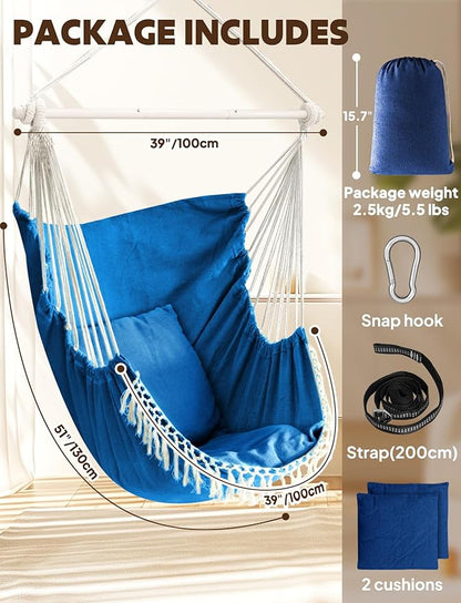 Chihee Hammock Chair Hanging Swing Max 500 Lbs 2 Cushions Included Metal Spreader Bar with Anti-Slip Grooves Portable Hanging Chair Side Pocket Large Macrame Bohemian Chair Indoor Outdoor