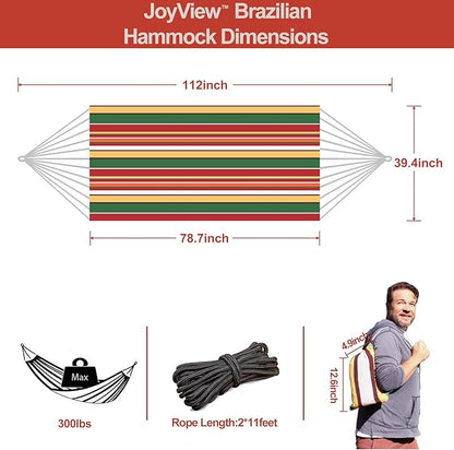 JoyView Brazilian Hammock for Single Person - Portable Cotton Hammock with Hanging Ropes & Carry Bag - 78.8x39.4' - 300LBS Capacity - Red & Green Stripes