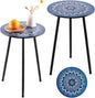 Metal Outdoor Side Tables Set of Two Small Outside Round End Table for Patio Modern Accent Garden Corner Table for Small Spaces, Balcony, Porch, Weather-Resistant, Plant Stand Indoor, Blue