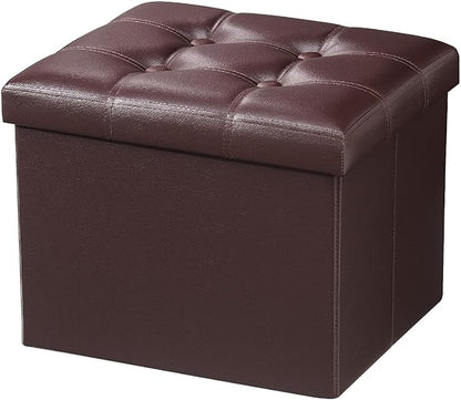 AmasSmile Storage Ottoman Folding Foot Rest Stool, Leather Footstool Bench, Short Ottoman Stool, Storage Foot Rest Store, Books (Brown, 17" D x 13" W x 13" H)