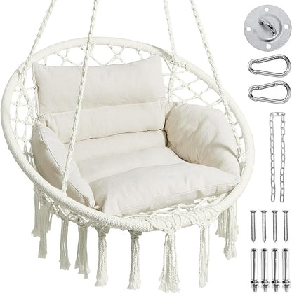 Greenstell Hammock Chair, Macrame Swing Chair with Comfy Cushion, Boho Hanging Chair for Outdoor & Indoor, Perfect for Bedroom, Patio, Balcony, Hold up to 330Lbs, White