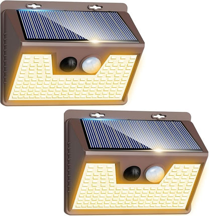 Peasur Solar Lights Outdoor Motion Sensor Waterproof, 2Pack 140LED Brown Solar Powered Fence Light, 3 Modes Security Wall Lights for Garden Yard Outside(Warm White)