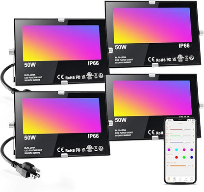 Flood Security Lights, 50W RGB LED Outdoor Floodlight 4-Pack