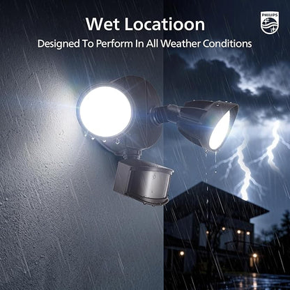 Philips 44W 4200 lm LED Security Light Outdoor w/PIR Motion Sensor, 5000K Daylight Flood Light, Waterproof, Dusk to Dawn, 2 Heads, 4 Modes