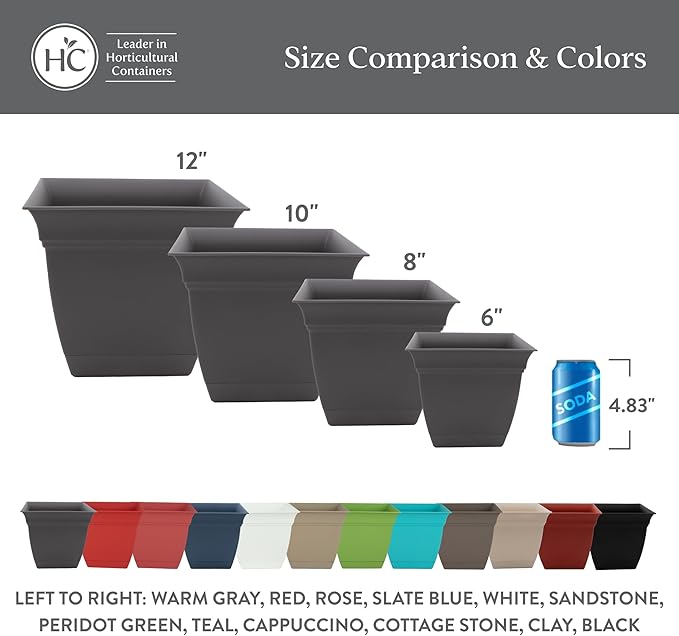 The HC Companies 12 Inch Eclipse Square Planter Pots w/Drainage Holes & Attached Saucer, Lightweight UV-Resistant Plastic Indoor Outdoor Planters, 2-Pack Flower Pots, Garden Home Decor, Cottage Stone