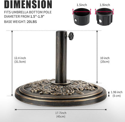 Backyard Expressions 20 lb Patio Umbrella Base Stand, Decorative Rose Medallion Antique Bronze Finish, Fits 1.5–1.9 in Poles w/Adapters, 18 in Round Weighted Outdoor Umbrella Holder for Deck & Table