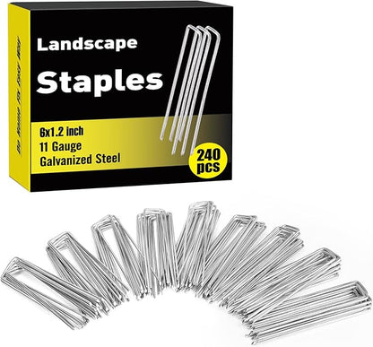 HongWay 240 Pack 6 Inch Landscape Staples, Garden Stakes Galvanized Tent Stakes Heavy Duty 11 Gauge SOD Landscaping Fabric Pins Yard Ground Lawn Staples for Plant Cover, Turf, Fence, Grass Decoration