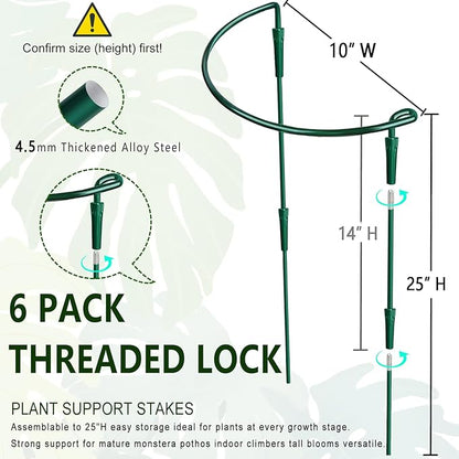 6 Pack Threaded Lock Metal Plant Support Stakes - 25" H Tall Peony Cage, Reusable Detachable Garden Ring for Hydrangea/Rose Bush/Potted Flowers, Indoor Outdoor Heavy Duty (10" W)