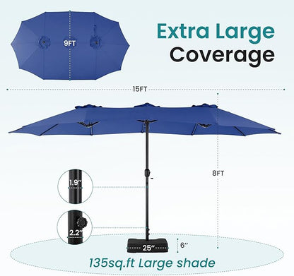 DUMOS 15FT Large Patio Umbrella with Base Included, Rectangle Table Umbrella Outdoor Patio, Outside Umbrellas for Deck, Market, Backyard, Blue