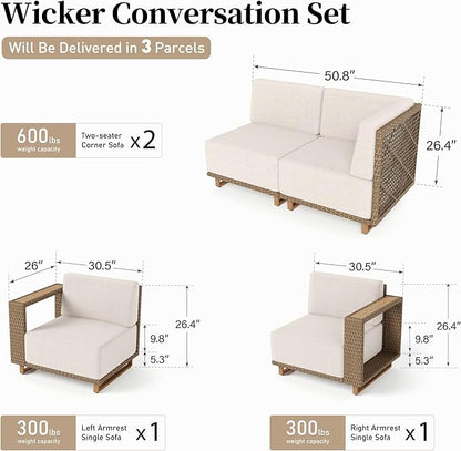 6 Pieces Patio Furniture Set,Outdoor Rattan Wicker Sectional Sofa with 10''Ultra-Thick Cushions,All Weather Patio Conversation Set for Lawn Garden Backyard,Beige