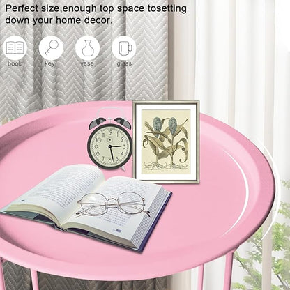 Garden 4 you End Table 2 PCS Metal Side Table Pink Round Folding Tray Cyan Sofa Small Accent Fold-able Table, Round End Table Tray, Next to Sofa Table, Snack Table for Living Room and Bed Room