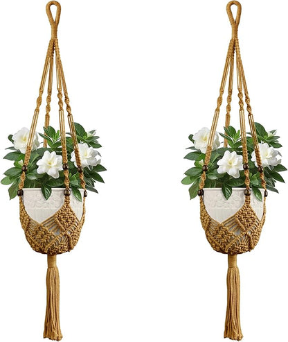 USLAI Macrame Plant Hanger Indoor Outdoor, Fits 3 to 6.5 inch Pots, Hanging Planter Holder with Beads and Tassels, Boho Home Decor, 35+35 Inch, Brown (POTS NOT Included)