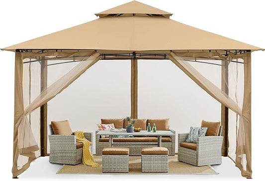 MASTERCANOPY Outdoor Garden Gazebo for Patios with Stable Steel Frame and Netting Walls (10x12,Beige)