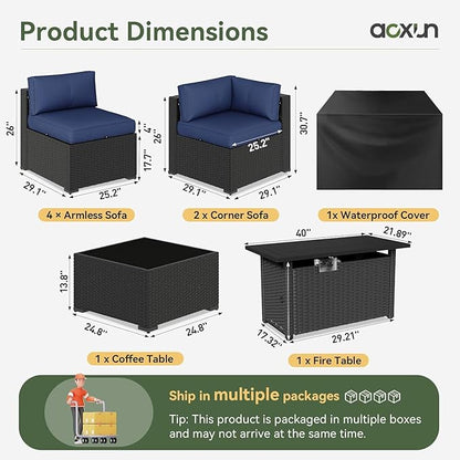 Aoxun 8 Piece Patio Furniture Set with 44” Fire Pit Table, Wicker Rattan Patio Sectional Sofa, Outdoor Furniture Set with Thickened Cushion, Blue
