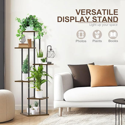 6 Tier Plant Stand Indoor Outdoor, Tall Metal Wood Muti-Level Planter Shelf Holder, Sturdy Large Vertical Corner Orchid Flower Pot Display Rack for Narrow House Decor Office Living Room Bedroom, Oak