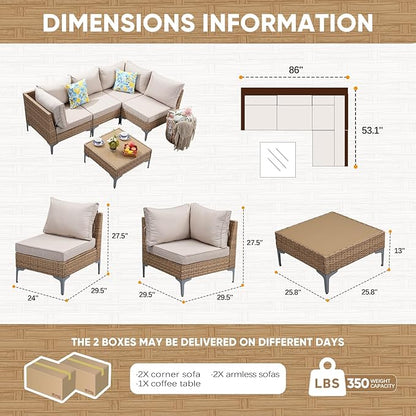 5 Piece Wicker Patio Furniture Set,Outdoor Conversation Sectional Sofa w/Coffee Table,All-Weather Outdoor Sofa with Thick and Anti-Slip Cushions for Deck,Poolside,Garden,Beige
