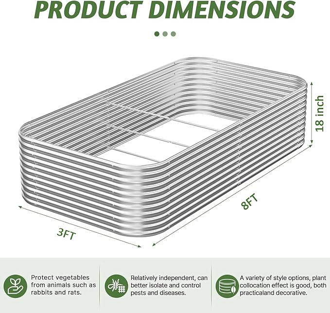 2 Pack Tall 8x3FT Corrugated Galvanized Steel Raised Garden Bed Outdoor, Metal Above Ground Garden Bed for Vegetables and Flowers, Raised Beds for Gardening-8x3x1.5FT