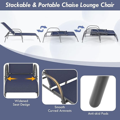 Giantex 2 Pack Patio Lounge Chair, Outdoor Chaise Lounge with 5 Adjustable Backrest, Sturdy Steel Frame, Sunbathing Recliner, Beach Chair, Tanning Chair for Outside, Yard, Balcony, Pool Chairs, Navy