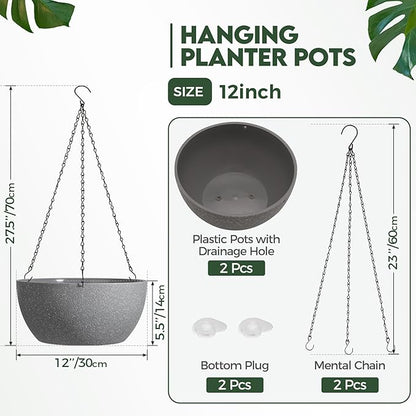 T4U Hanging Planters for Indoor Outdoor Plants 2 Pack - 12 Inch Grey Hanging Plant Basket with Drainage Hole, Round Hanging Flower Plant Pot for Garden Home Decor(Grey)