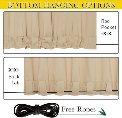 NICETOWN 2 Panels Outdoor Curtains Waterproof Pocket & Back Tab on Top & Bottom, Thermal Insulated Windproof Sun Blocking Outside Privacy Drapes for Patio with Fixed Rope, W84 x L95, Biscotti Beige
