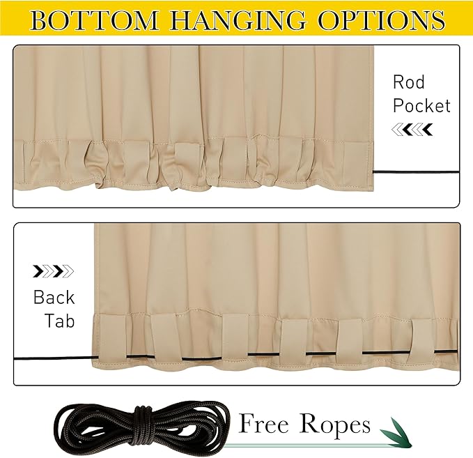 NICETOWN 2 Panels Outdoor Curtains Waterproof Pocket & Back Tab on Top & Bottom, Thermal Insulated Windproof Sun Blocking Outside Privacy Drapes for Patio with Fixed Rope, W84 x L84, Biscotti Beige