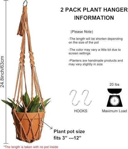 Artilady Macrame Hanging Planter for Indoor Plants, Boho Woven Plant Hanger Large Hanging Flower Pot Holders Outdoor Baskets Storage No Tassels Brown Wall Decor (Latte Brown-2pcs)
