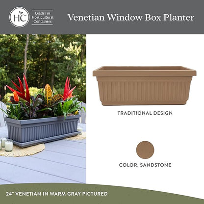 The HC Companies 18 Inch Venetian Window Planter Box with Drainage Plug, Lightweight UV-Resistant Plastic Indoor & Outdoor Planters, 2-Pack Flower Box for Garden & Home Decor, Sandstone