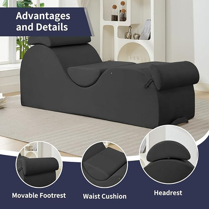 ijuicy Sleek Chaise Lounge Chair for Exercise, Indoor Lounger with Headrest, Waist Cushion, Movable Footrest, Side Pockets, Non-Slip Bottom, High Density Sponge, Dark Grey