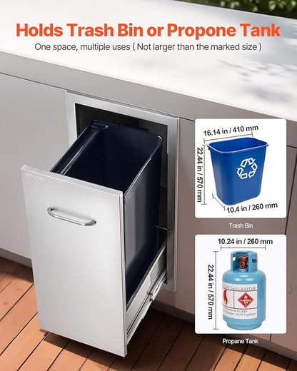 VEVOR Outdoor Kitchen Trash Drawer, 11.81" W x 19.6" D x 23.62" H Interior Storage, Multi-Purpose Outdoor Kitchen Drawers Stainless Steel, 55 lbs Max Capacity per Tier, for Outdoor BBQ Island Kitchen