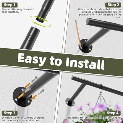 Plant Hanger Indoor 63 inch, Metal Planters Hanging Rod with 6 Hanging Chains & Hooks, Wall Plant Holder for Indoor Plants, Window, Ceiling, Black, Pots Not Included