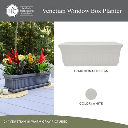 The HC Companies Venetian Window Planter Box w/Drain Plug - Long Planter Box for Windowsills, Balconies & More - Plastic Large Rectangular Outdoor Planters for Herbs & Flowers (24" White, Pack of 1)
