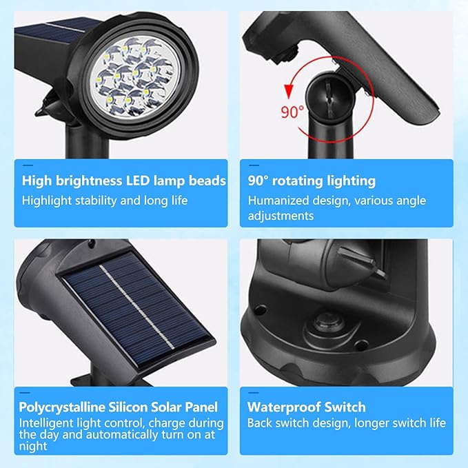 Solar Spot Lights Outdoor，Solar Lights Outdoor Waterproof IP68，Dark Sensing Auto On/Off，Suitable for Garden, Corridor Landscape Lighting and Flag Lighting. (Warm White, 4-Pack)