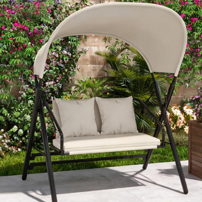U-MAX 2 Seat Outdoor Porch Swings for Adults Patio Swings with Canopy Stand Metal Steel Frame Patio Swing Chair for Garden Yard Deck Poolside Easy Assembly, Cream White