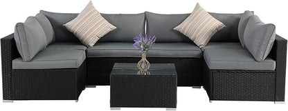 7 Pieces Patio Furniture Set - All-Weather Outdoor Wicker Sectional Conversation Sofa, Rattan Patio Seating Sofa Set with Cushion and Glass Table for Porch Poolside, Black/Grey