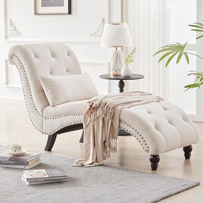 Tufted Soft Chaise Lounge Indoor, Linen Rivets Chaise Lounge Chair for Bedroom Living Room, Armless Upholstered Chaise Couch Chair with Square Cushions and Solid Wood Legs, Beige