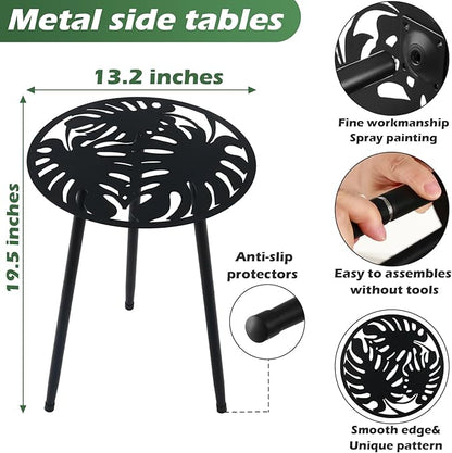 Metal Outdoor Side Tables Set of Two Small Outside Round End Table for Patio Modern Accent Garden Corner Table for Small Spaces, Balcony, Porch, Weather-Resistant, Plant Stand Indoor, Black