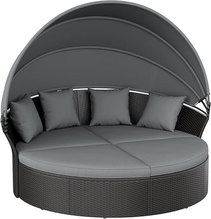 Crownland Outdoor Round Daybed with Retractable Canopy, Patio Daybed with Washable Cushions, Clamshell Sectional Seating, Black Wicker Furniture for Garden, Patio, Pool (Grey,Gray)