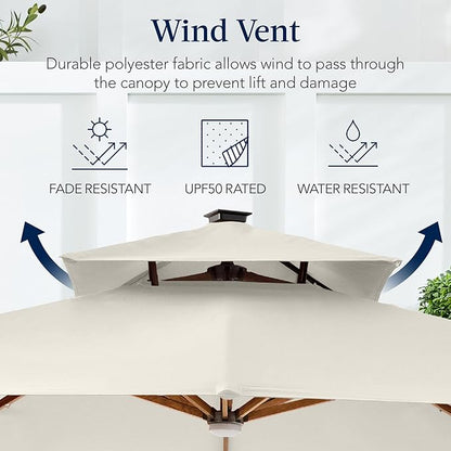 Best Choice Products 10ft Square Cantilever Patio Umbrella w/Base Included, Woodgrain Pattern Pole & Solar LED Lights, 360-Rotation, Offset Hanging Outdoor Shade - Ivory