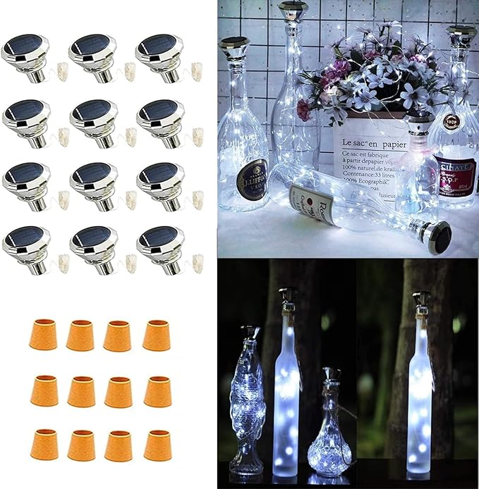 Solar Wine Bottle String Lights, 12 Pack Cool White Diamond