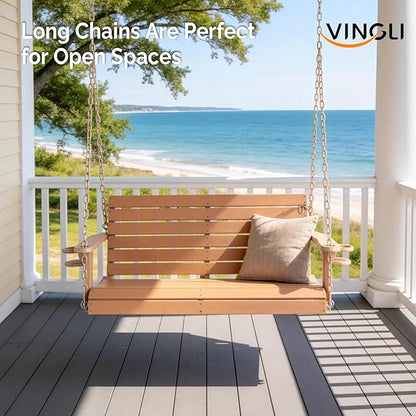 VINGLI Heavy Duty 1600 LBS HDPE Porch Swing Outdoor with Rotatable Cup Holder, 4 FT Patio Bench Swing with Adjustable Chains, 2 Person Hanging Porch Swing Chair for Porch, Yard, Tree, Garden - Teak