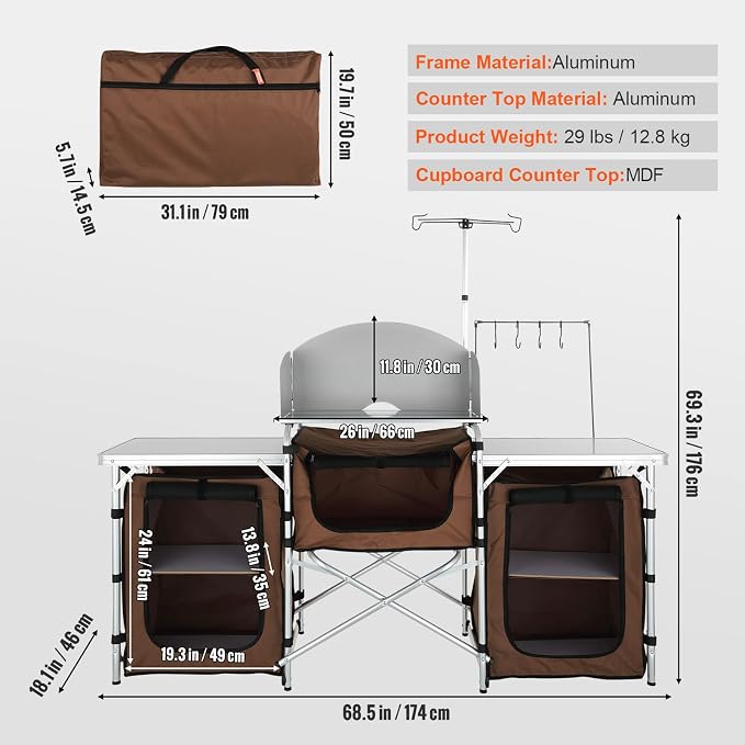 Camping Kitchen Table, Aluminum Folding Cook Station, Brown