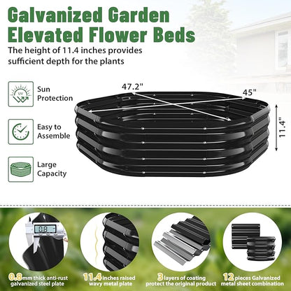 Hexagon Raised Garden Bed, 48 Inch Diagonal & 12 Inch Tall, Galvanized Steel Planter Box with Wave-Shaped Metal Panels for Outdoor Flower,Tree,Herb & Vegetable Garden (Black, 4FT X 1FT)